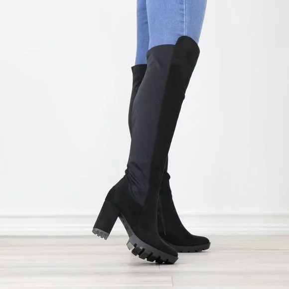 Black Thigh High Over The Knee Lug Block Heel Boots Faux Suede Round Toe - Picture 4 of 14